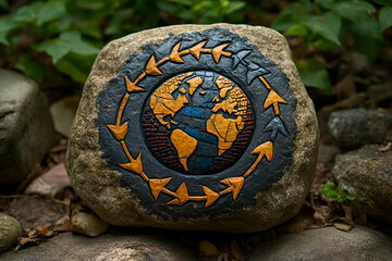 A painted rock featuring a globe design surrounded by directional arrows, set amidst greenery, symbolizing nature and global awareness.