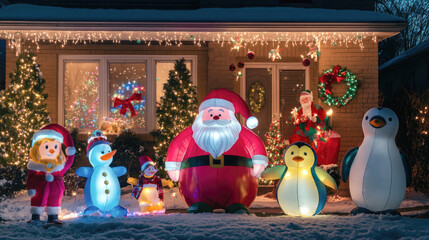 Festive front yard with inflatable holiday decorations and christmas lights