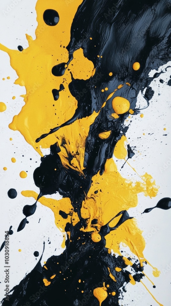 Poster abstract artwork with black and yellow paint mixing and splashing on a white canvas, creating an ene