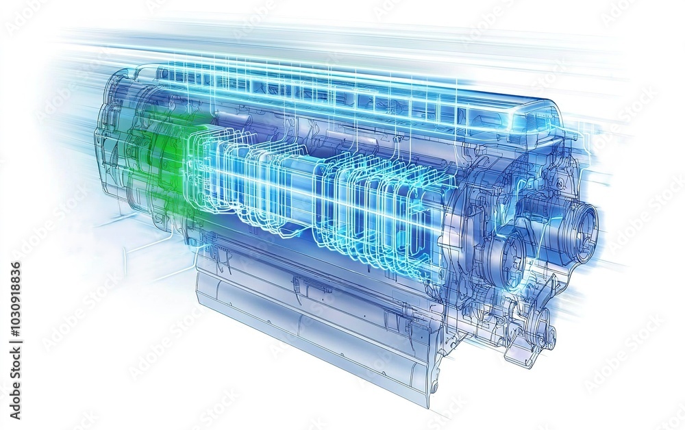 Poster detailed illustration of a high-performance turbine engine showcasing advanced technological design 
