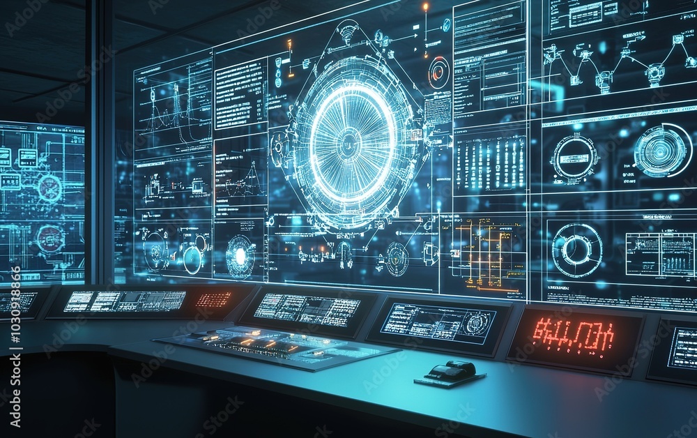 Poster advanced control room featuring high-tech digital interfaces and data displays in a futuristic setti