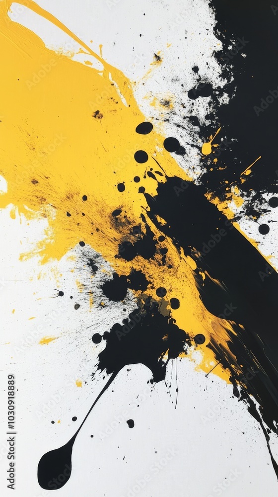 Poster black and yellow paint is splattered on a white canvas, creating an abstract expressionist artwork. 
