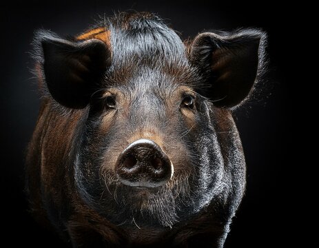 Retrato de un cerdo ib&eacute;rico aislado en fondo negro