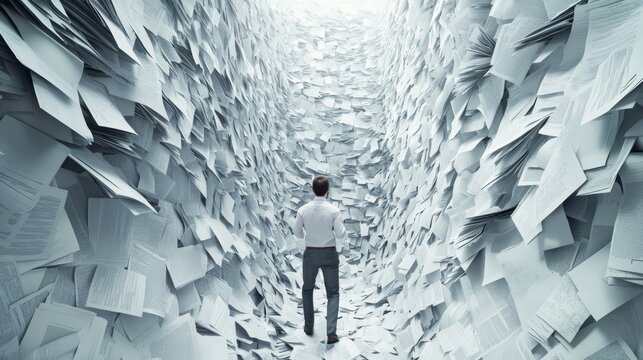 Person frantically searching for exit in paperwork maze, symbolizing stress and anxiety