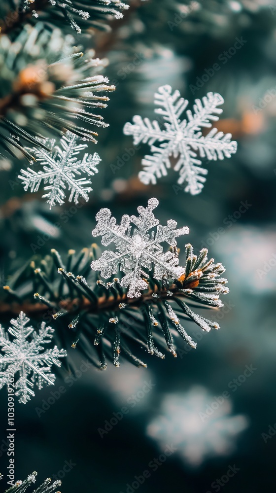 Poster beautiful sparkling snowflakes are resting on the needles of a pine tree branch covered in frost. th