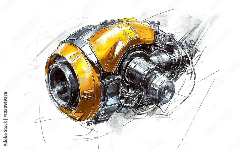 Poster conceptual design of an advanced orange jet engine showcased in a technical sketch, emphasizing inno