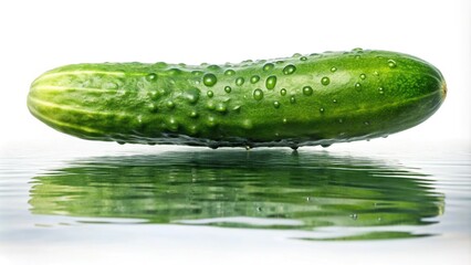 Fresh green cucumber floating on white background