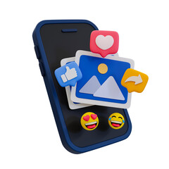 3D illustration of a smartphone displaying social media notifications, including likes, shares, and emojis, representing digital interaction and engagement.