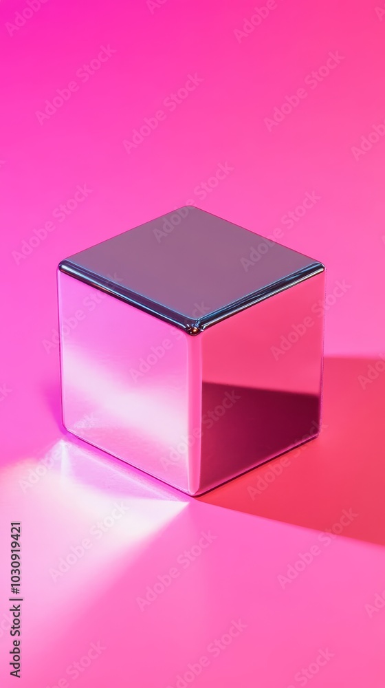 Poster chrome cube is standing on a reflective surface, casting a shadow and reflecting the vibrant pink li