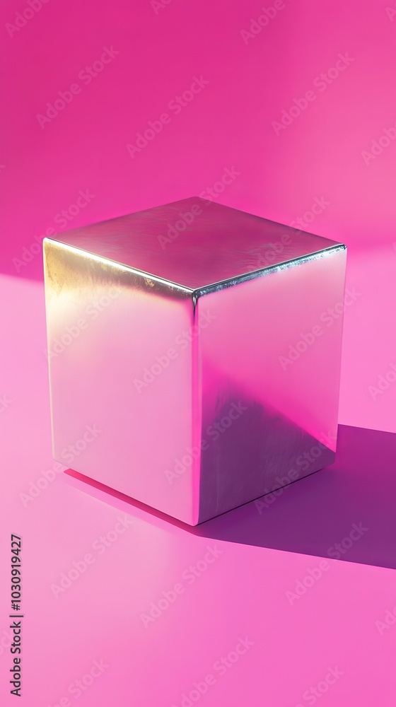 Poster Metallic cube is standing on a pink background, casting a shadow. The cube is reflecting the pink color of the background