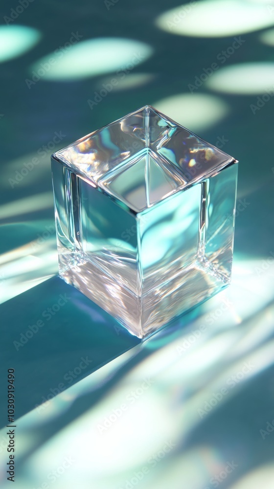 Poster empty glass cube is standing on a reflective blue surface, with light refracting through the glass, 