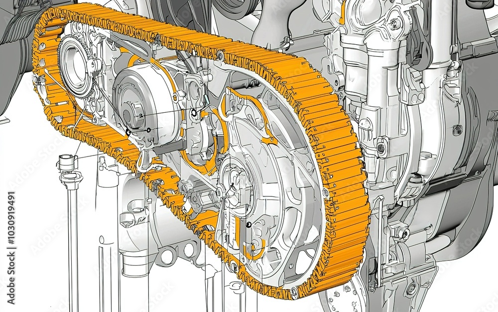 Aufkleber detailed illustration of an engine timing belt system showcasing components, layout, and function in