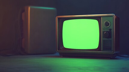 Vintage crt tv with glowing green screen, nostalgic retro set on plain background