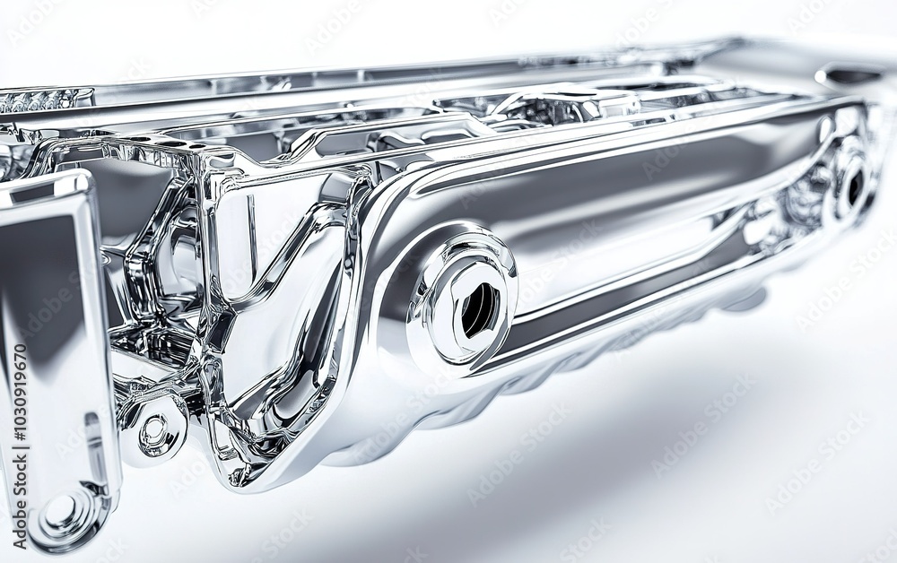 Poster close-up view of a shiny metal car engine component reflecting light in a studio setting during dayt