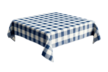 Blue and white checkered tablecloth on a square table, isolated on a white background. Transparent background.