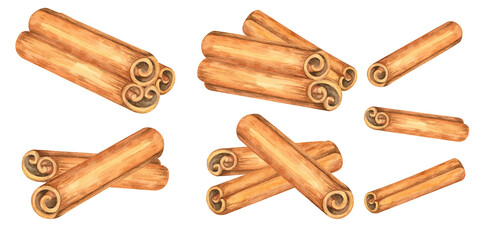 Variety of cinnamon sticks in different arrangements. Spices for baking. Isolated watercolor clipart. Perfect for food packaging, culinary blogs, spice label designs, or holiday gift wrapping