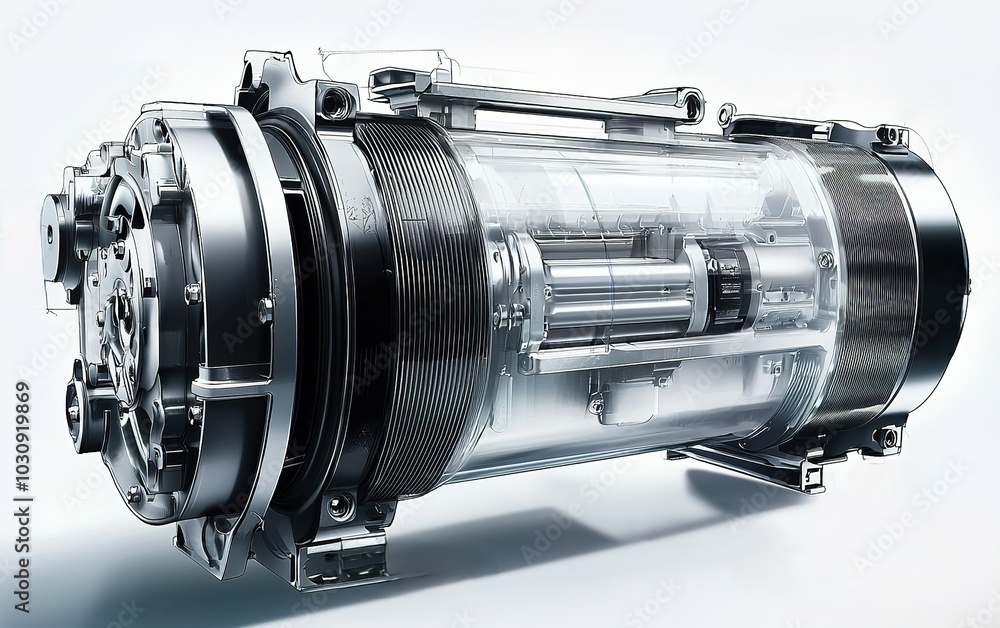 Poster high-tech automotive component displayed against a minimalist background, highlighting intricate des