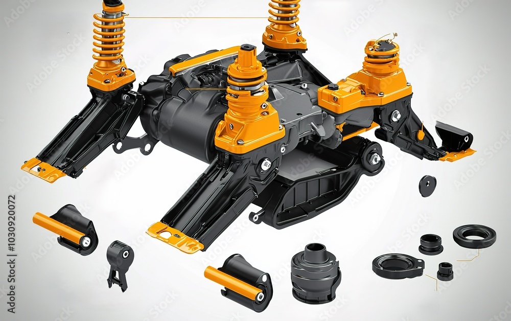 Poster detailed view of a high-performance suspension system components with yellow and black color scheme 