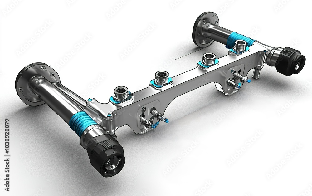 Poster detailed view of a precision-engineered fuel rail assembly designed for high-performance automotive 