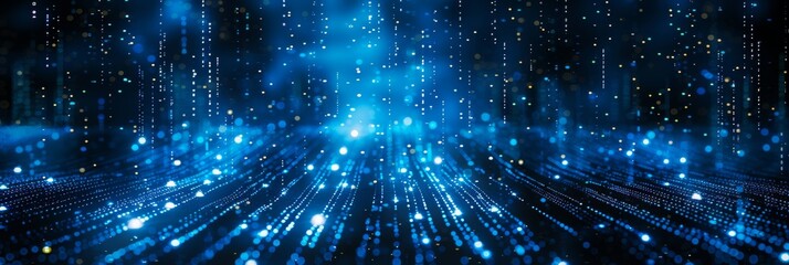Obraz premium Abstract blue data stream with glowing light particles.
