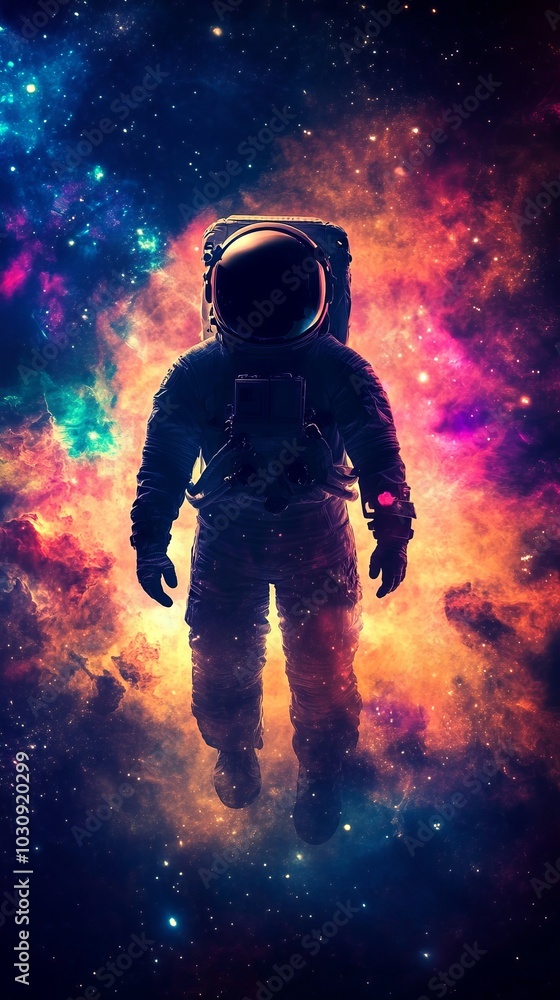 Poster astronaut is floating in space with a colorful nebula in the background, capturing the awe-inspiring