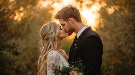 Fototapeta premium A bride and groom sharing a romantic kiss at sunset, surrounded by lush greenery and warm sunlight, capturing an intimate wedding moment in a serene natural setting