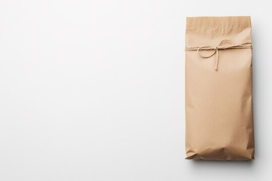 Brown paper package tied with string on white
