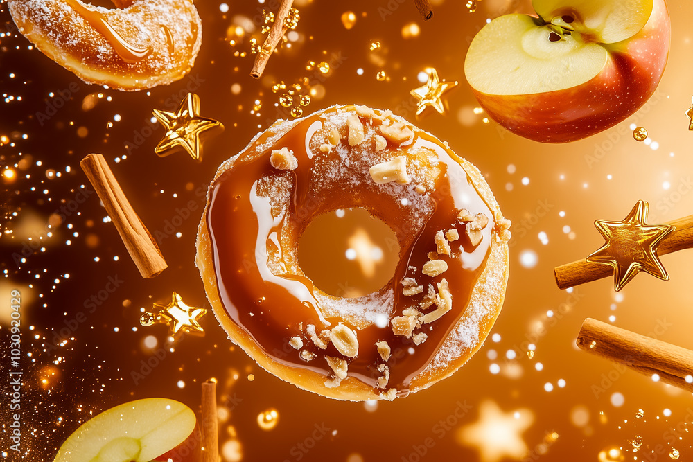 Poster small cinnamon donuts float gracefully among glossy green apples and sparkling stars, creating a whi
