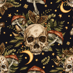 Vintage Skull with Mushrooms seamless pattern, witchcraft magic texture