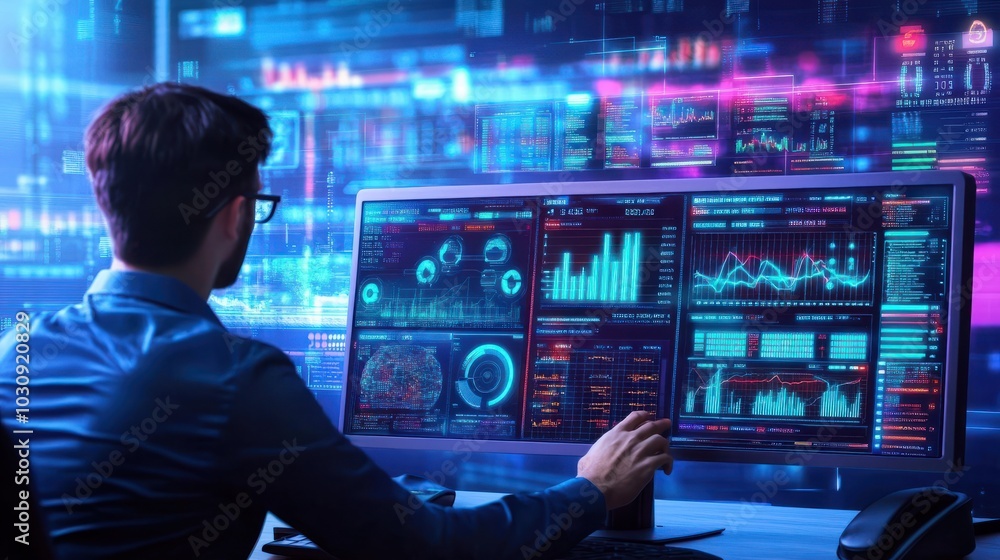 Poster an analyst uses a computer and dashboard for data business analysis and data management system with 