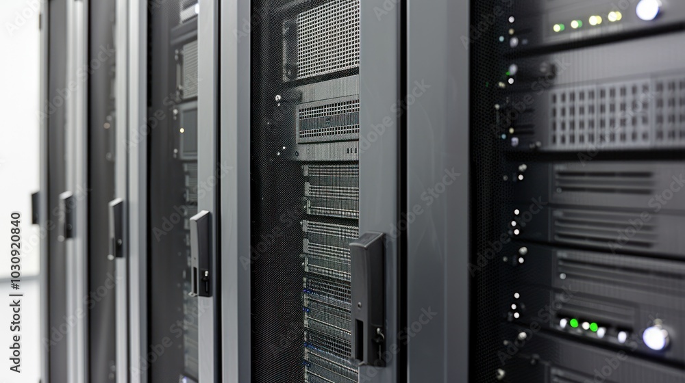 Poster server racks in a data center with network hardware