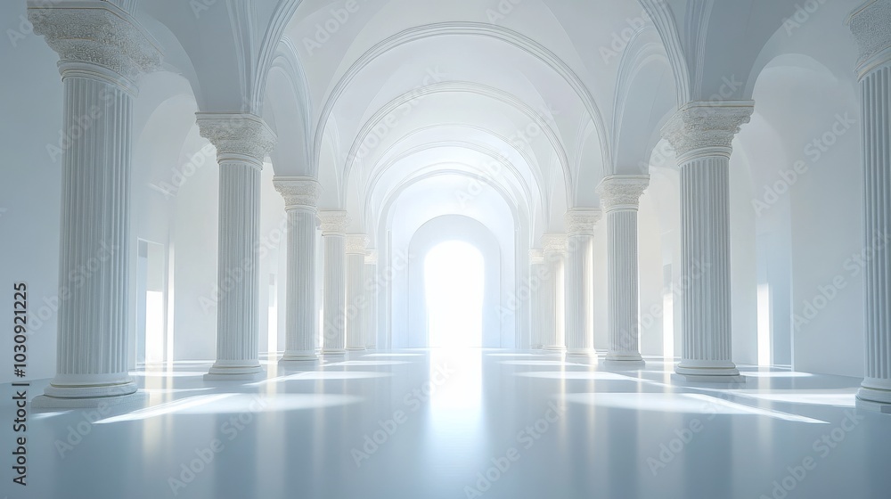 Poster sunlight is illuminating the end of a white hallway lined with columns and arches in this bright and