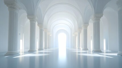 Fototapeta premium Sunlight is illuminating the end of a white hallway lined with columns and arches in this bright and airy architectural rendering