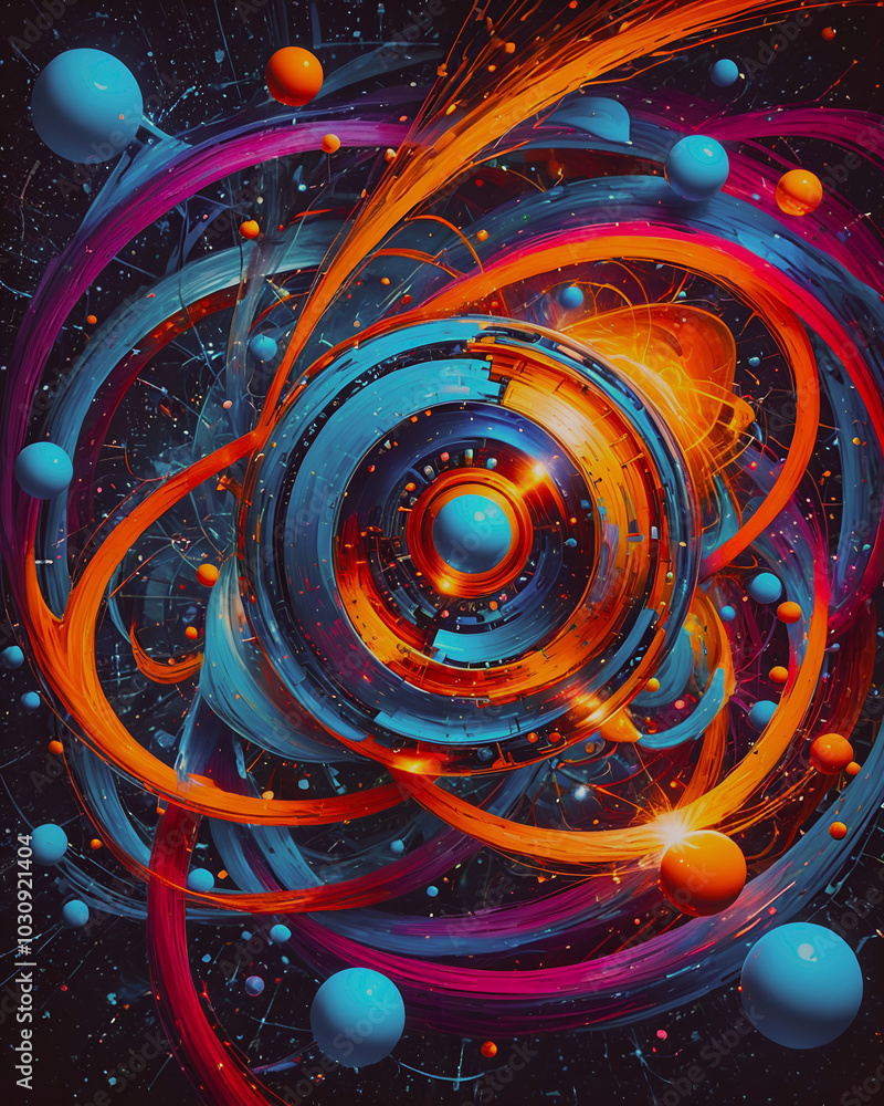 Poster abstract colorful background with circles and stars. 3d render illustration.