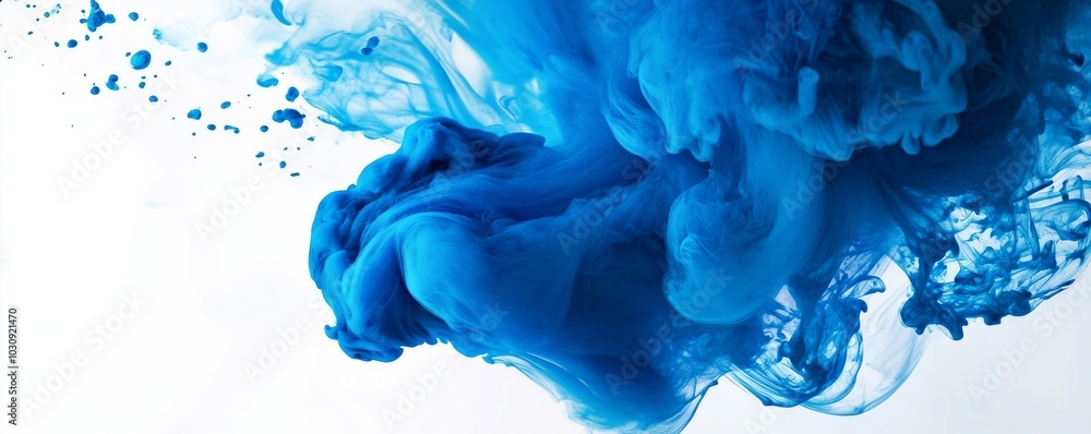 Poster blue ink dissolves in water, creating a vibrant abstract design with captivating shapes, evoking cre