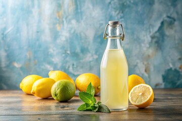 Fresh homemade lemonade and juicy lemon still life on textured background