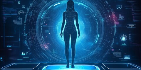 Hologram of feminine silhouette futuristic screen in weight scale with information icons around the model with space above to can write a title