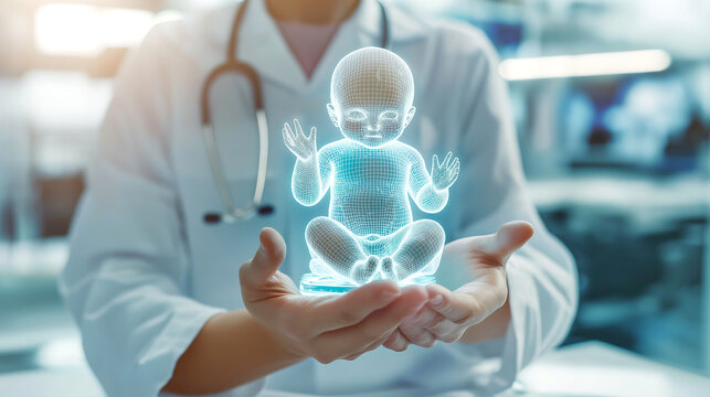Futuristic neon baby hologram displayed by medical professional in lab coat