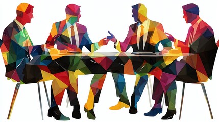 Four businessmen in a meeting, abstract colorful design.