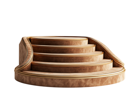 Elegant curved wooden staircase against white isolated background. Transparent background.