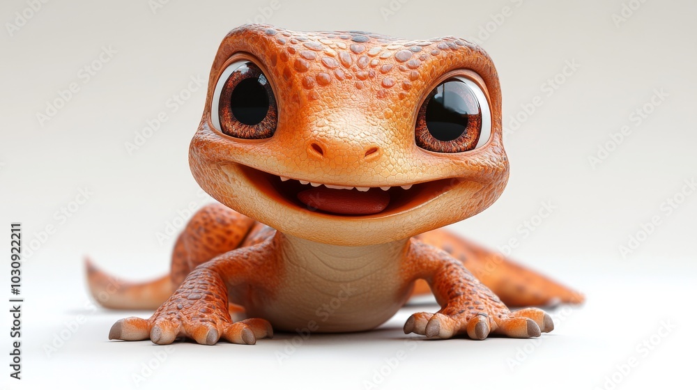 Poster charming cartoon lizard with big eyes and a friendly smile is posing on a white background, looking 