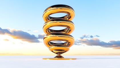 Abstract golden sculpture against a sky backdrop.