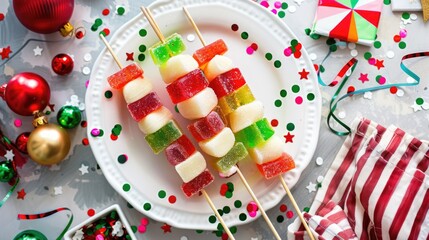 Fototapeta premium Colorful Christmas-themed candy skewers with red, green, and white sugar-coated gummies, arranged on plates with festive confetti and holiday decorations