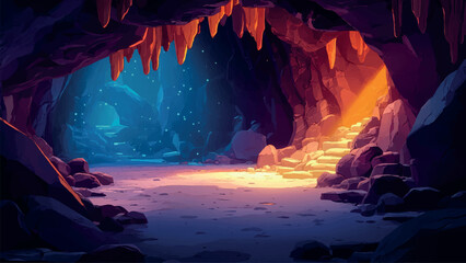 Obraz premium Mysterious Cave with Secret Room in Cartoon Vector Illustration Featuring Dark Shadows Hidden Treasures Unique Rock Formations Adventure Landscape and Enigmatic Atmosphere