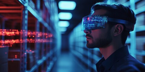 A supply chain manager using AI-powered glasses to monitor logistics in a smart warehouse, with glowing holographic data overlays, High-tech office setting, Neon accents