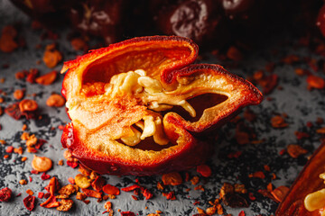 Variety of Spicy Peppers Including Aji Limo, Habanero, and Carolina Reaper on a Vibrant Background