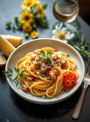 Traditional Italian pasta Carbonara, Spaghetti with bacon, egg and parmesan cheese