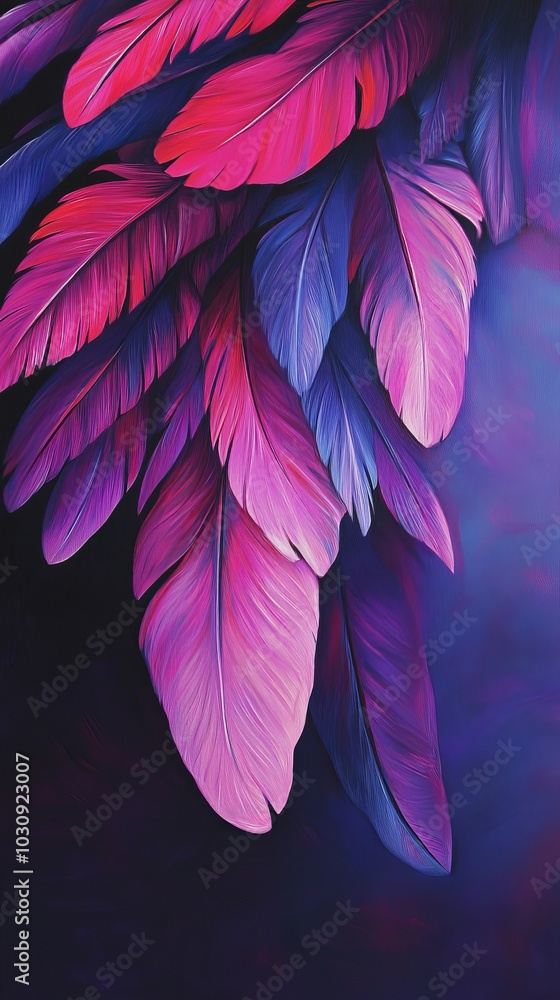 Poster vibrant pink and purple feathers are overlapping creating an abstract background design with a sense