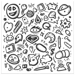Hand Drawn Black and White Doodle Collection of Various Shapes and Objects