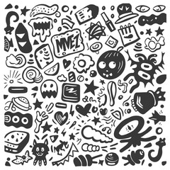 Hand drawn Black and White Doodle Art with Various Shapes and Characters